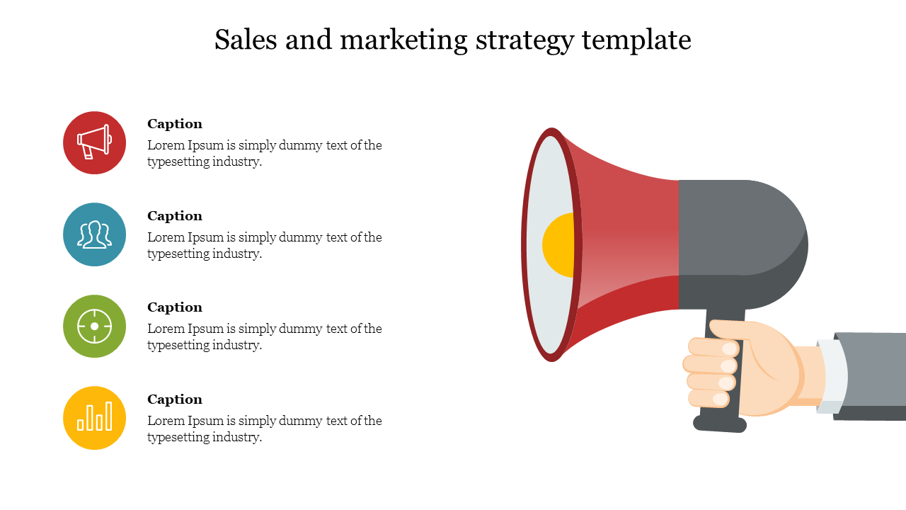 Sales and marketing visual with a megaphone and vertical icon-based captions on a white background.