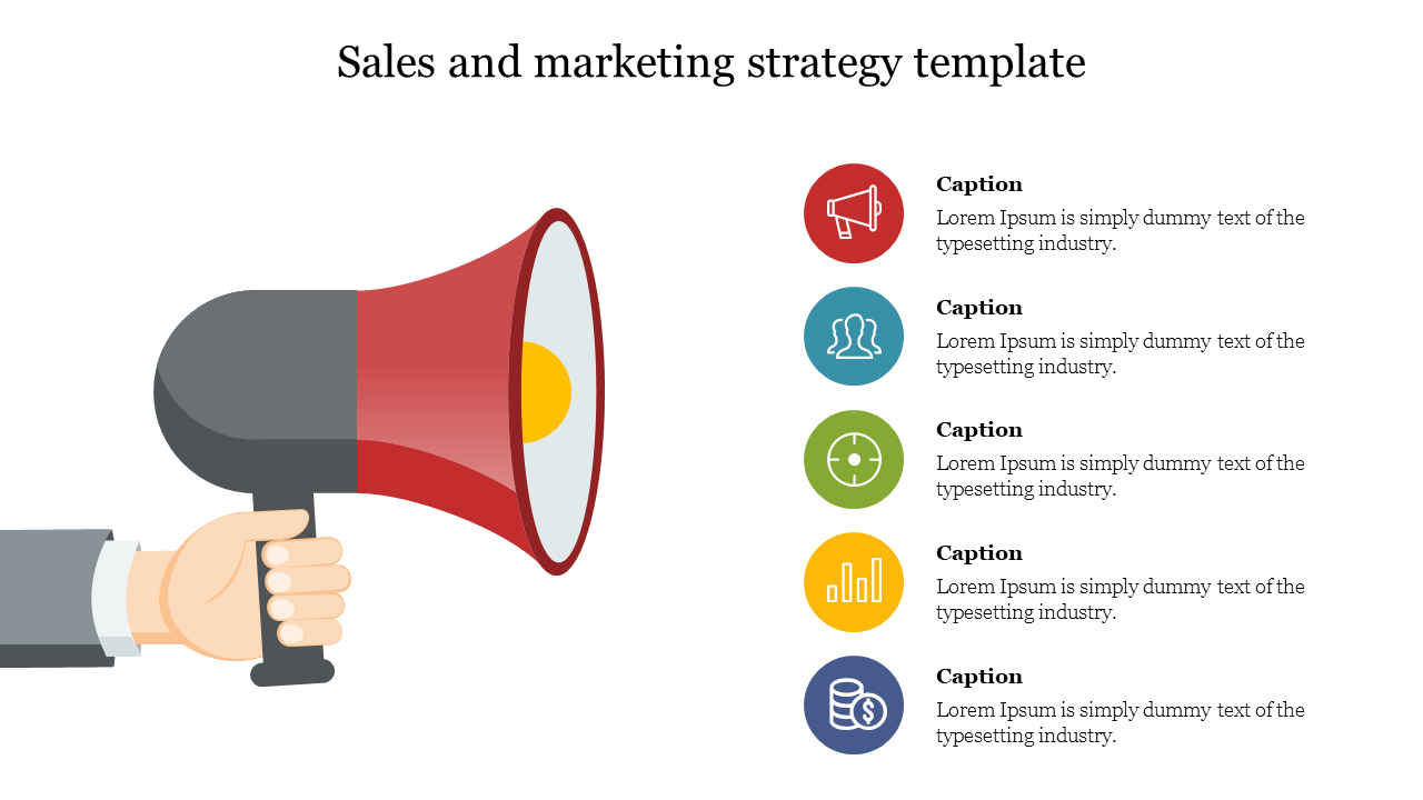 Marketing strategy slide featuring a megaphone and icons representing key elements with caption atreas.