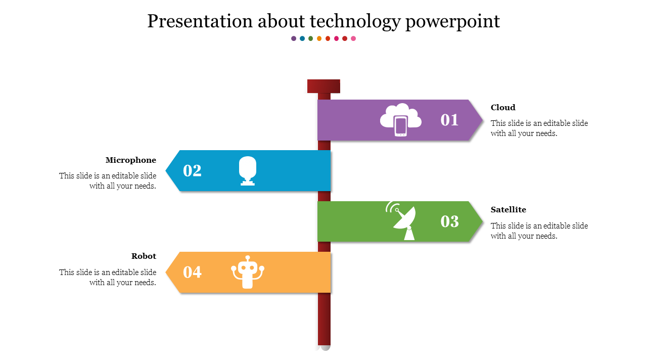 A PowerPoint slide about technology, featuring icons for cloud, microphone, satellite, and robot, each with placeholders.