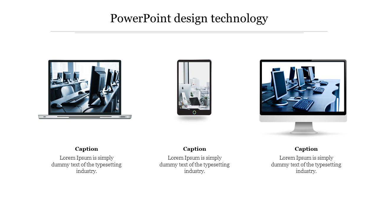 Technology slide featuring laptop, smartphone, and desktop images with captions below, on a white background.