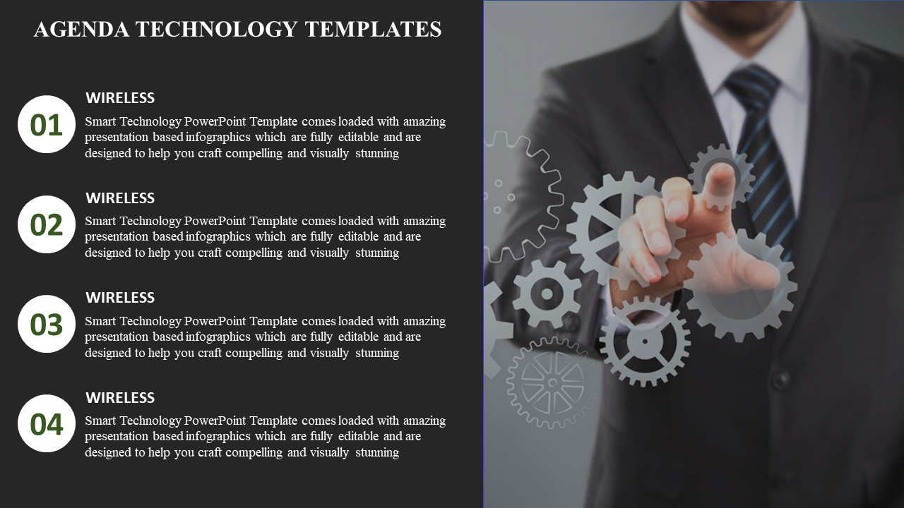 Technology-themed PowerPoint slide showing a business professional interacting with floating gear graphics.