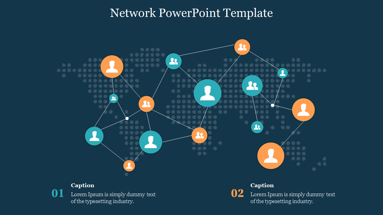 Network diagram with interconnected circles containing user icons, set against a dotted world map background.