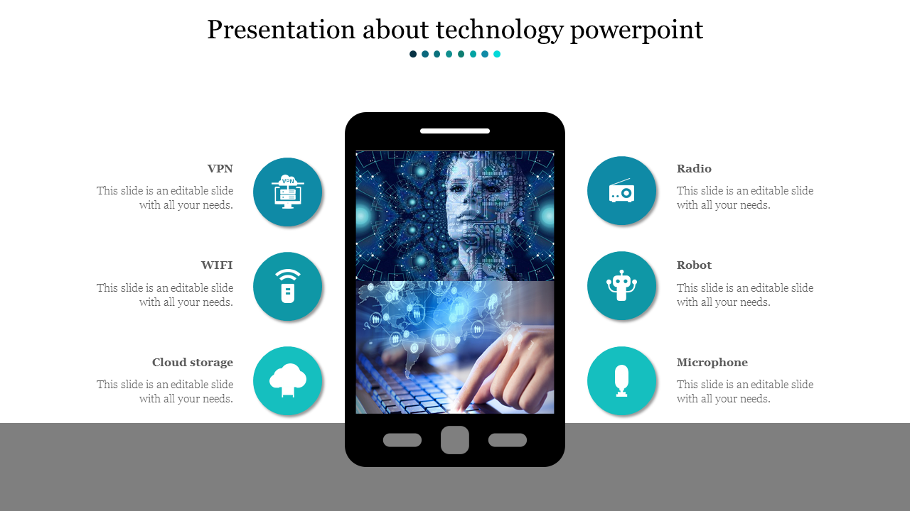 Technology-themed slide with a smartphone illustration showing a digital face and global network, surrounded by icons.