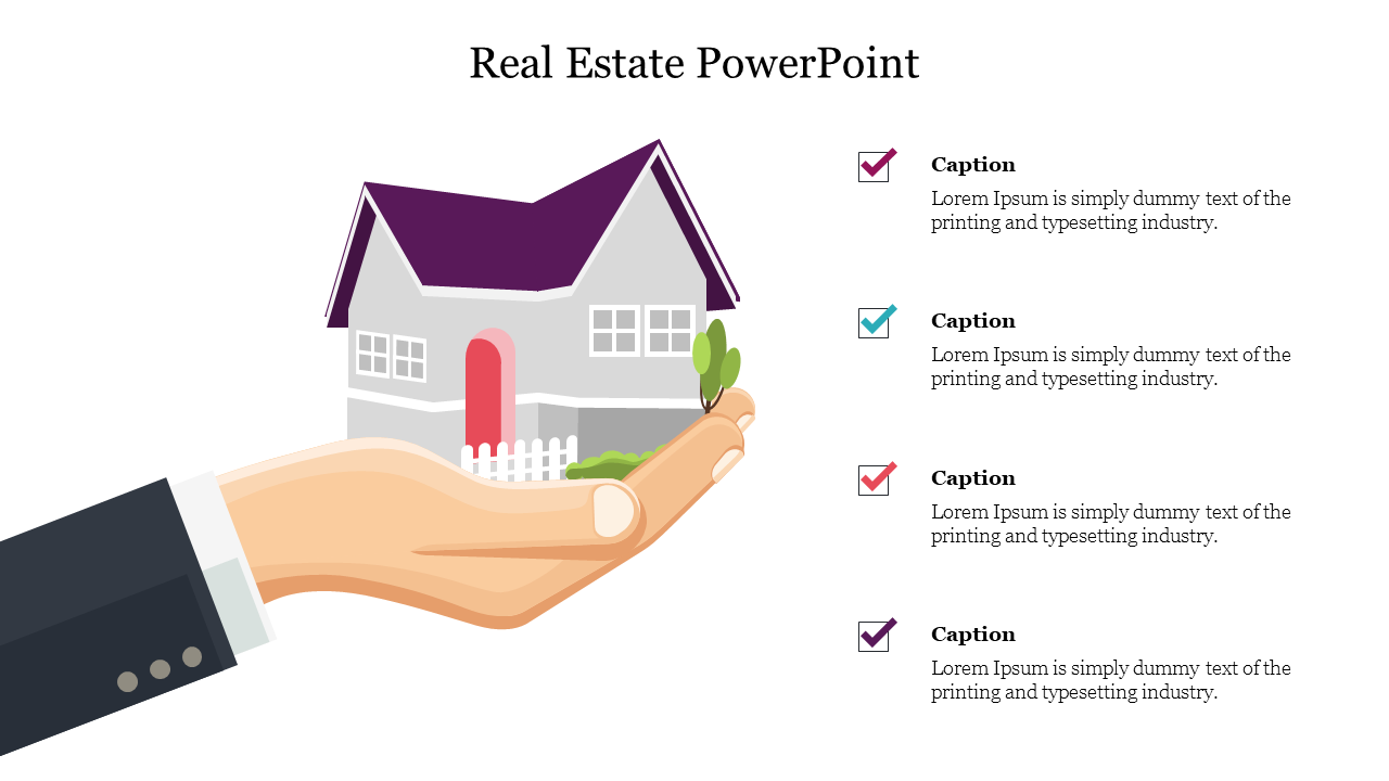 Real estate PowerPoint slide featuring an illustration of a house in a hand with checkmark icons.