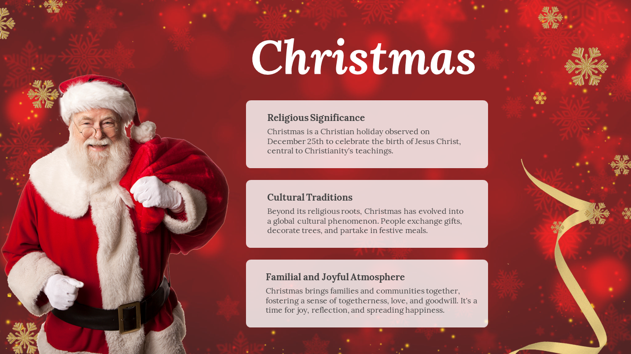 Christmas-themed slide featuring Santa Claus with three placeholder text areas set against a festive red background.