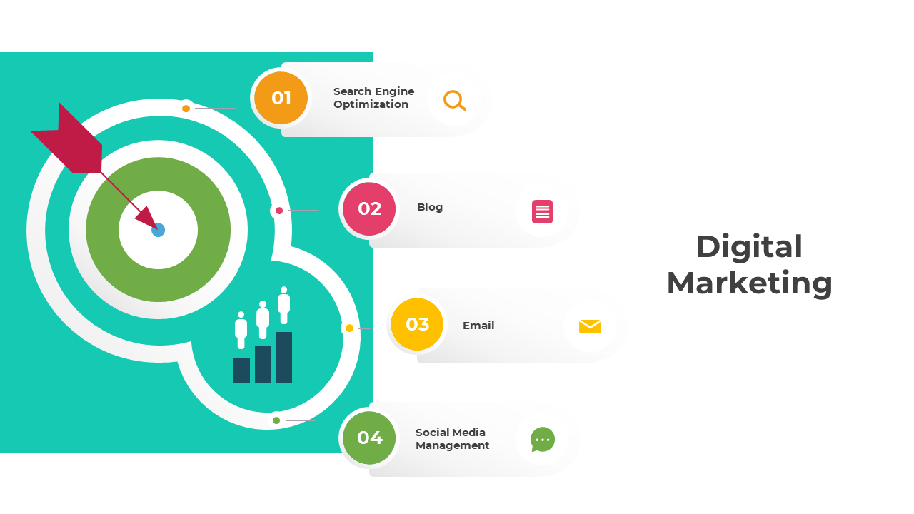 Agenda design showcasing sequential points in purple, orange, blue, and green, with text boxes aligned to the right.