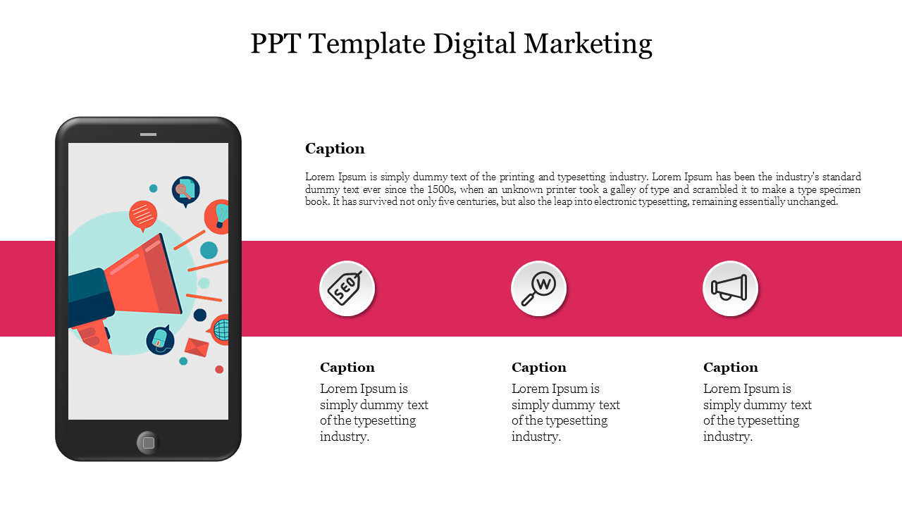 Digital marketing slide featuring a smartphone displaying a megaphone graphic, emphasizing marketing concepts with icons.