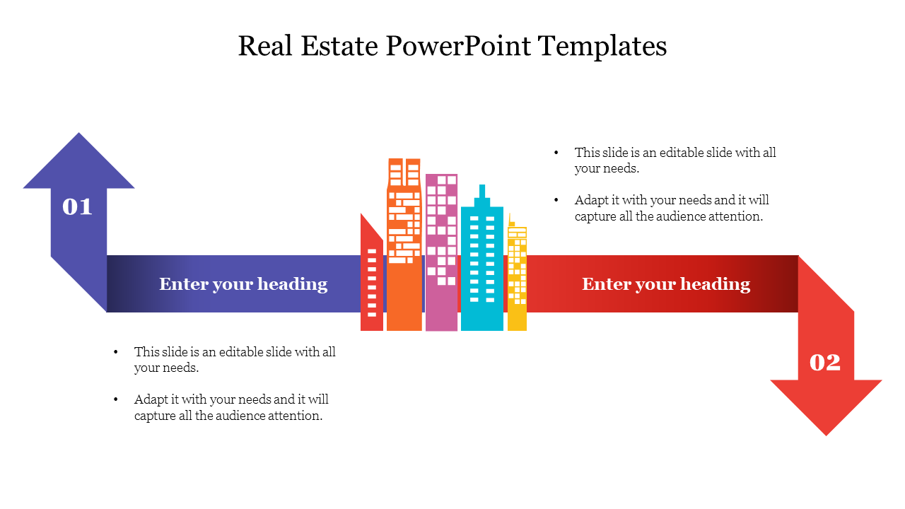 Real estate PPT slide featuring colorful arrows pointing up and down, with cityscape and placeholders for headings.