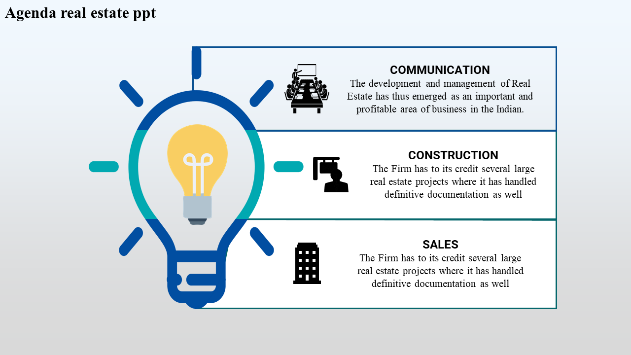 A real estate PowerPoint slide featuring a lightbulb icon with sections highlighting communication, construction, and sales.