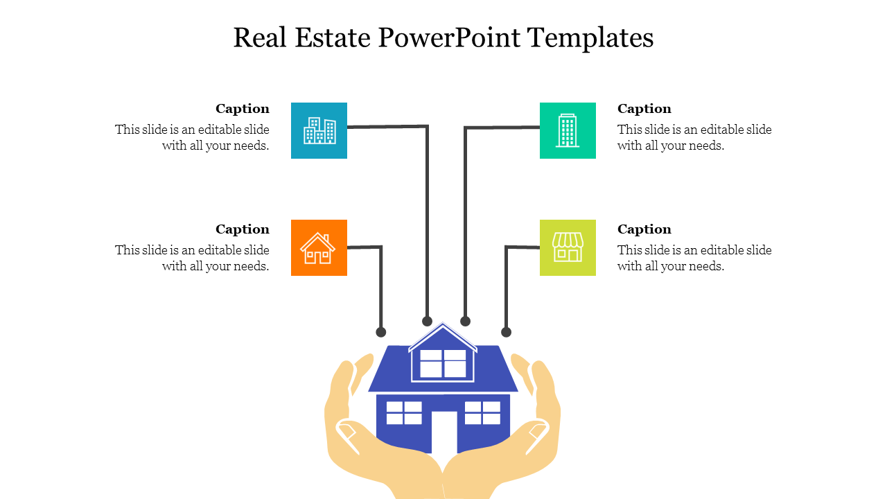 Real estate slide with hands holding a blue house graphic, connected to four colorful square icons with captions above.