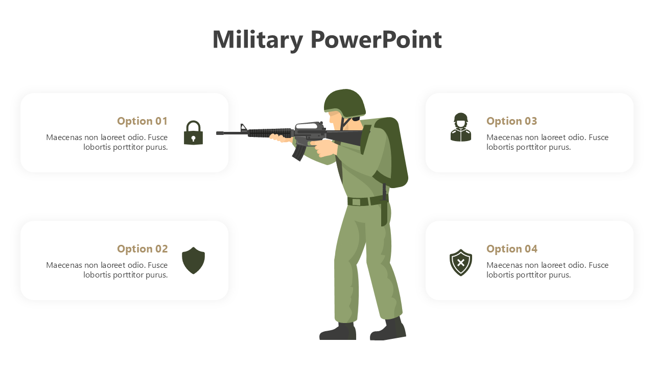 Military-themed slide featuring a soldier graphic, four labeled options with icons, soft green and white design.