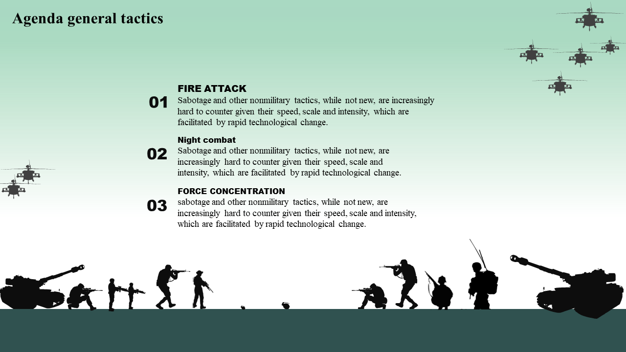 Agenda slide on general tactics with a military-themed silhouette of soldiers, tanks, and helicopters.