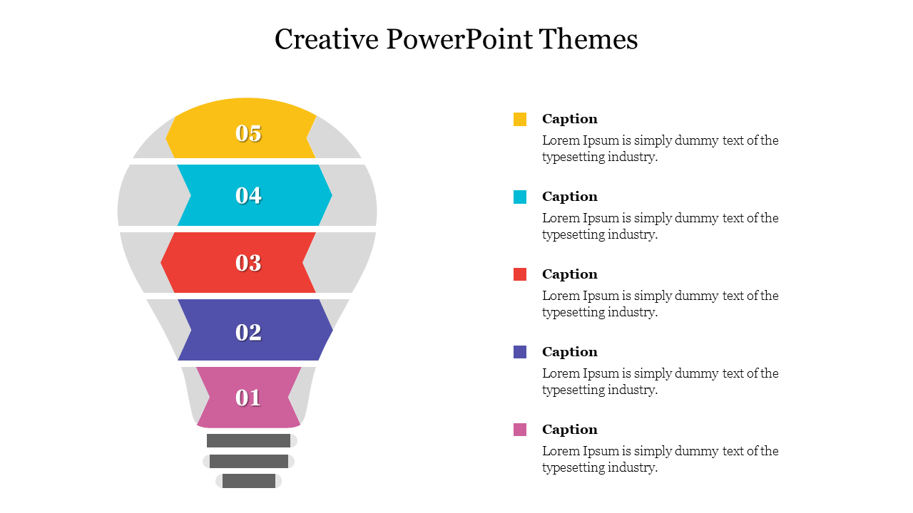 Creative slide with a light bulb illustration divided into five colorful segments, each numbered and captions on the right.