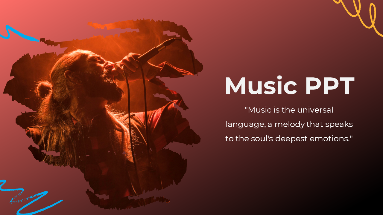 PowerPoint slide for music, featuring a singer on stage with a colorful background and a quote on the language of music.