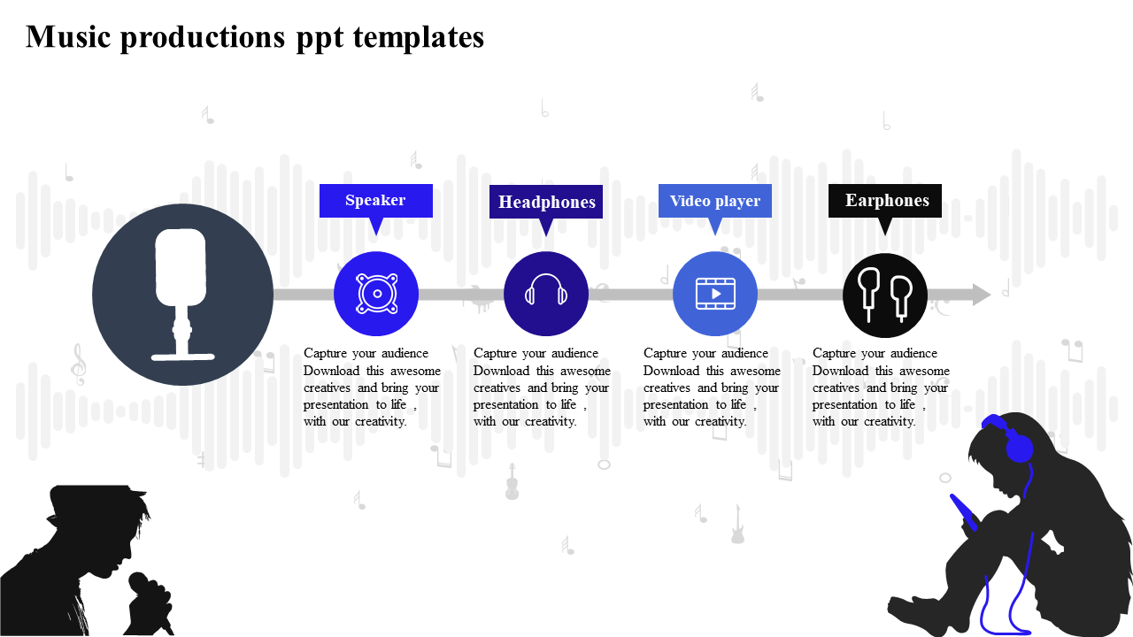 Music PowerPoint slide with icons for speaker, headphones, video player, and earphones with a microphone silhouette.