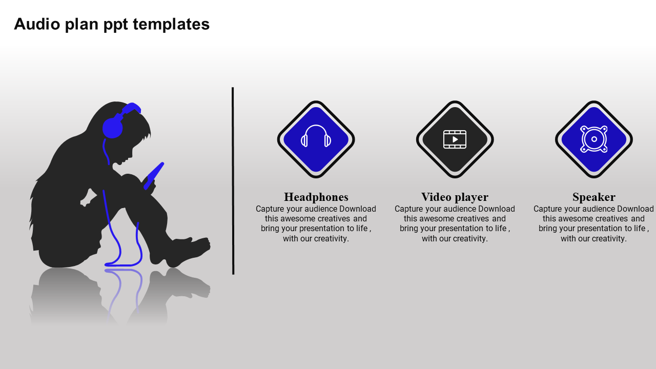 Audio plan slide with a silhouette of a person using headphones and three blue icons with captions on the right.