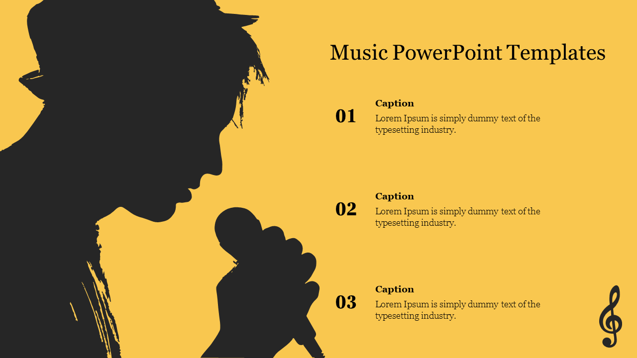 Yellow background with a black silhouette of a singer holding a microphone, and three numbered captions on the right.