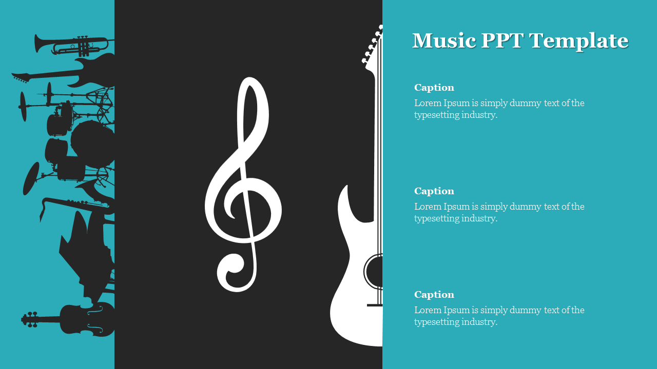 A vibrant Music slide featuring a guitar and treble clef design, with captions and descriptions on a teal background.