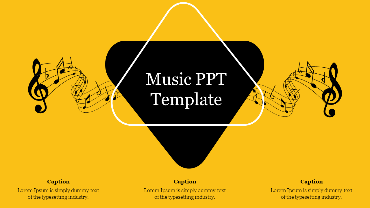 Stacked black and white outlined triangle with text, framed by musical notes and captions below, on a yellow background.