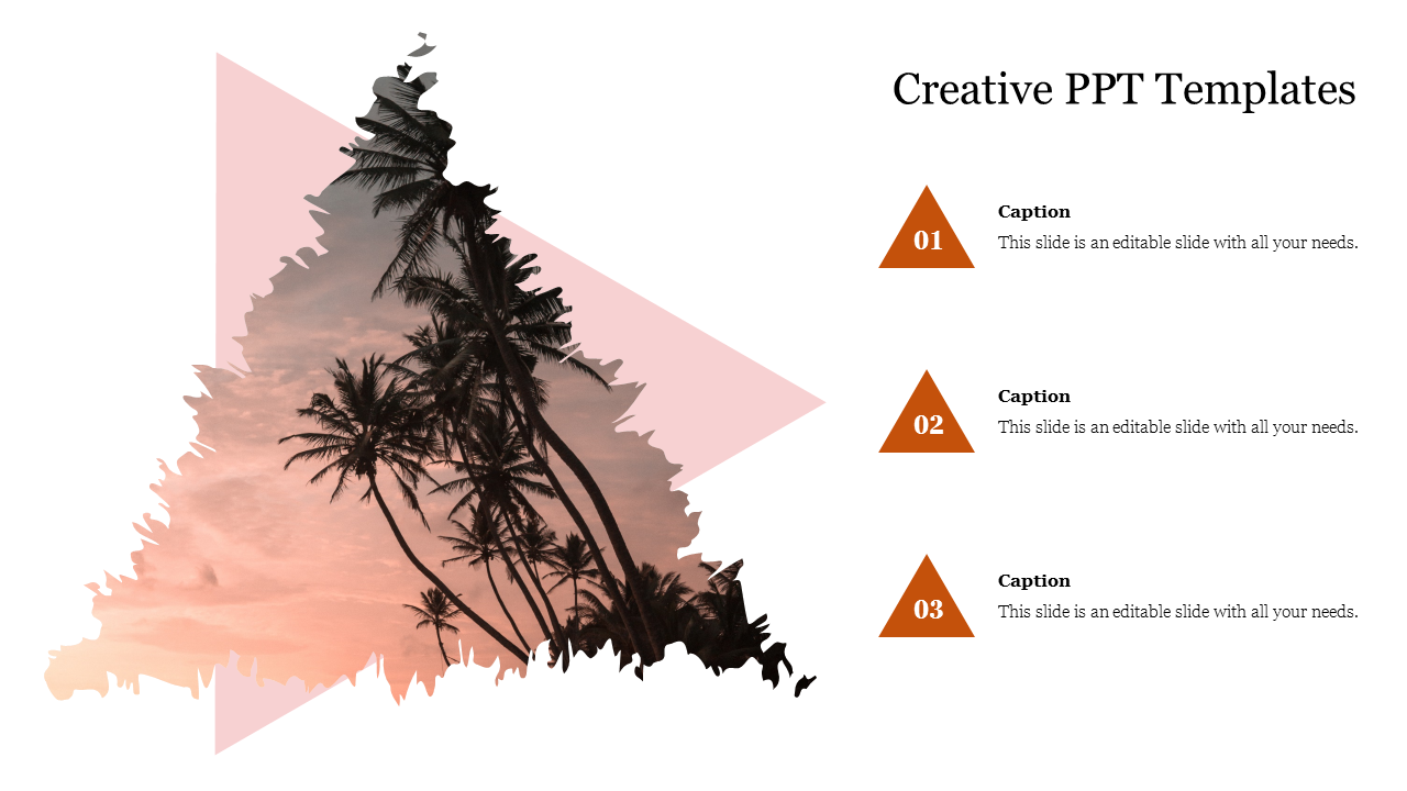 Creative PPT template featuring a palm tree silhouette with three sections for text, each marked with a triangular icon.