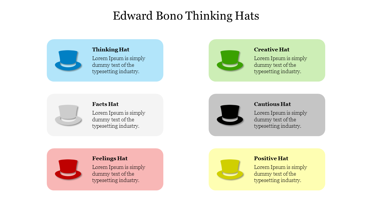 Six colorful rectangles with icons of hats in blue, green, white, black, red, and yellow, each with corresponding text.