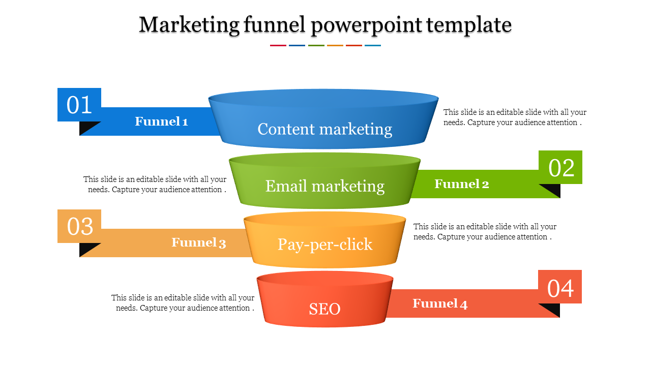 Marketing funnel slide with four colored layers with placeholder text captions.