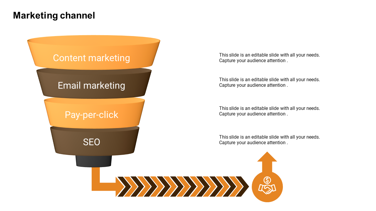 PowerPoint template displaying the marketing funnel with stages leading to the final conversion action with placeholder text.