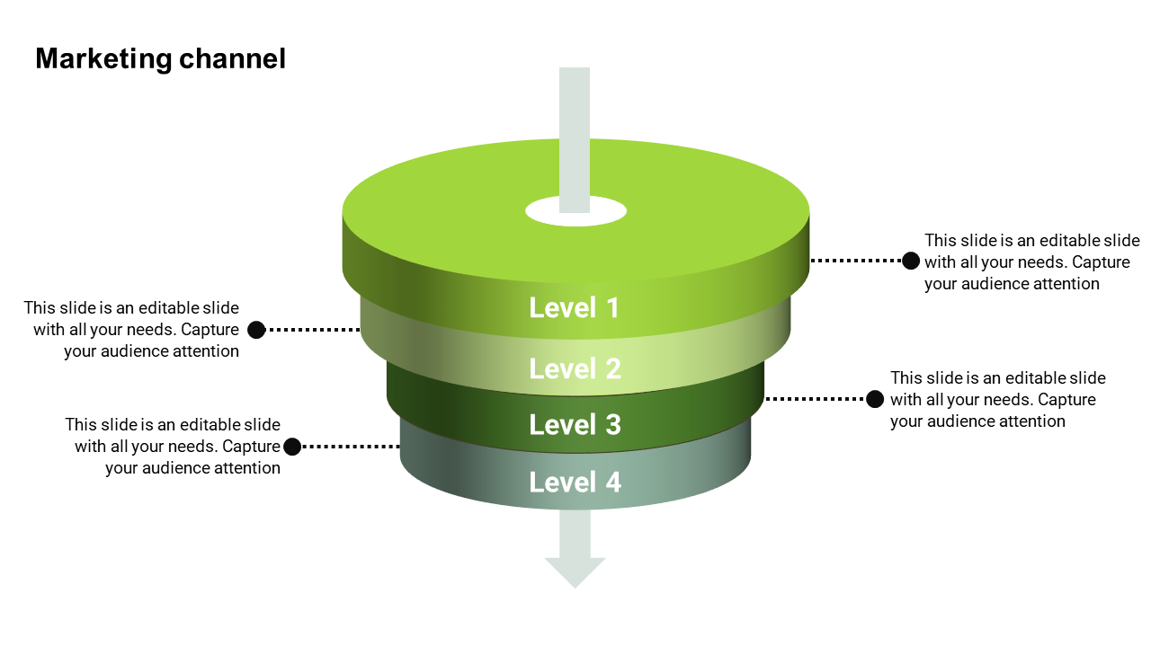 Marketing funnel PPT slide with four levels and arrows pointing downward, each level with text placeholders.