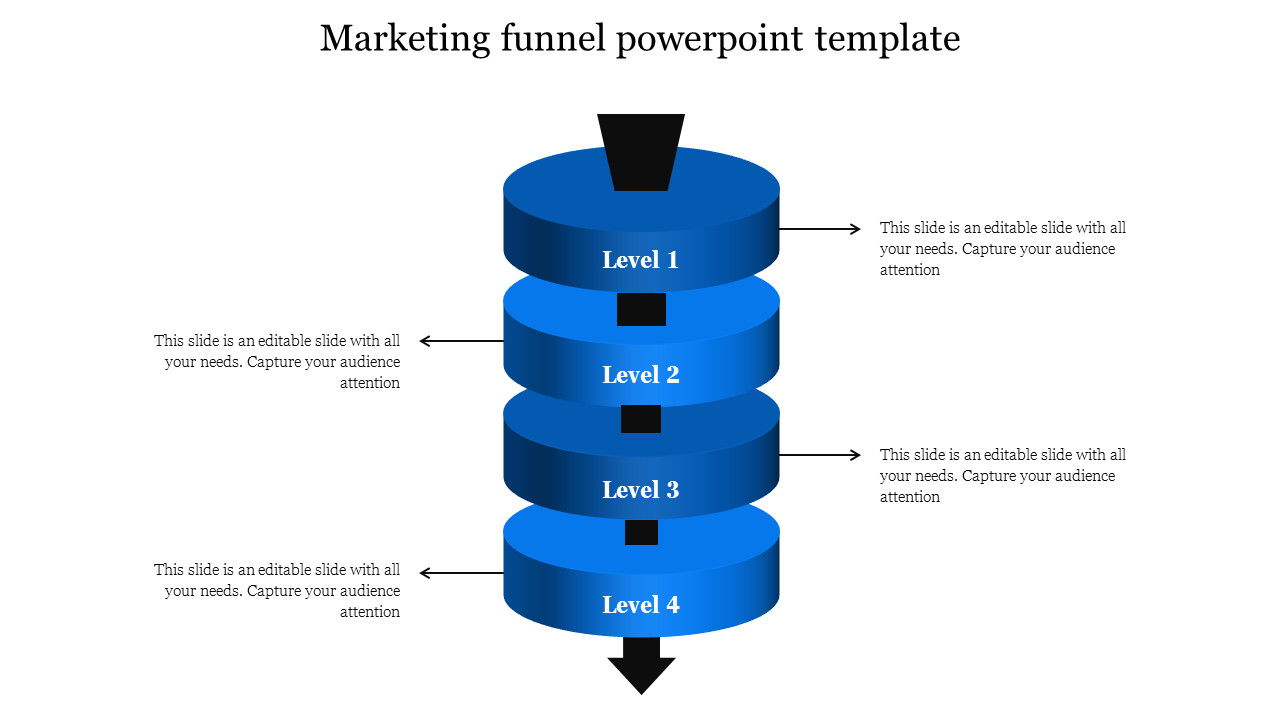 Marketing blue funnel slide with four levels, each showcasing arrows pointing in different directions with placeholder text.