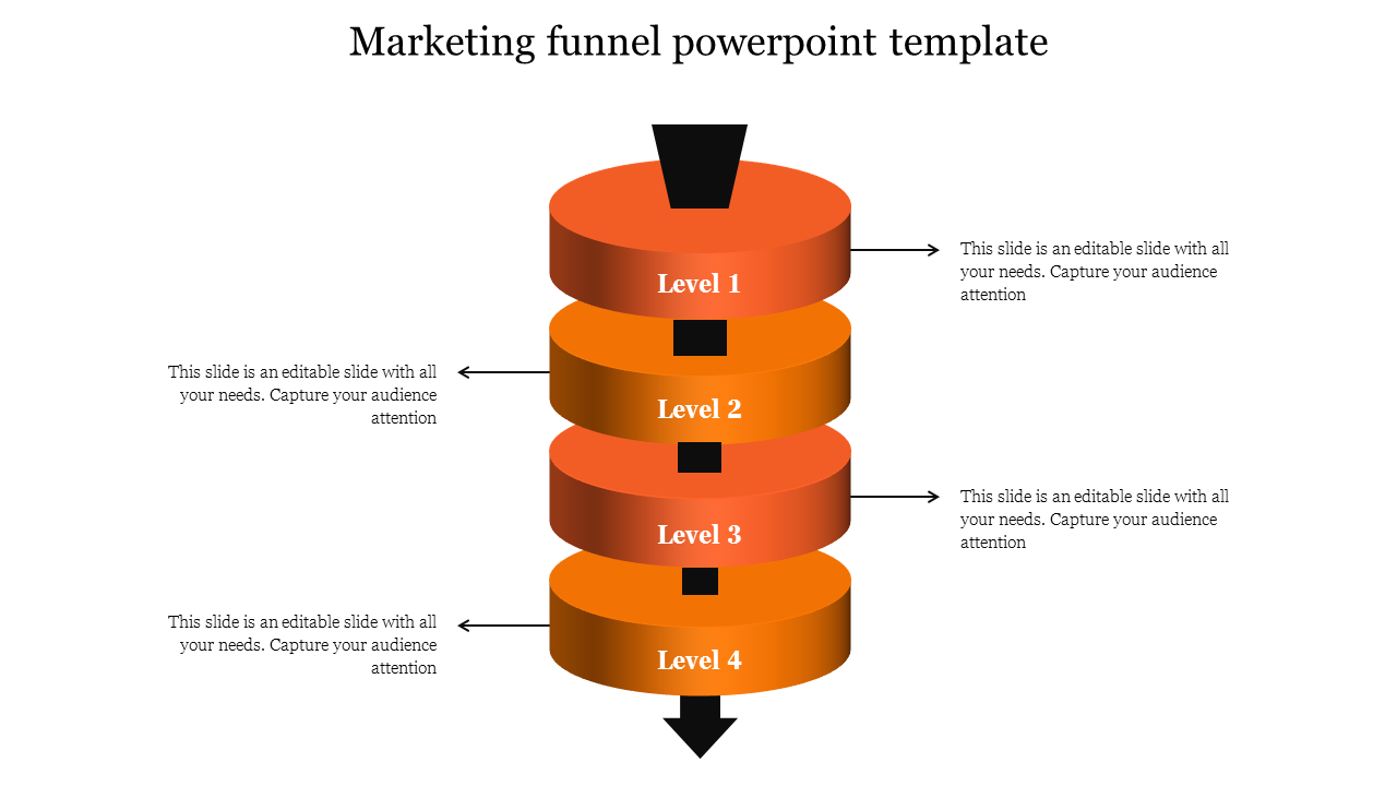 Marketing orange funnel PPT slide with four levels, each showcasing arrows pointing in different directions with text.