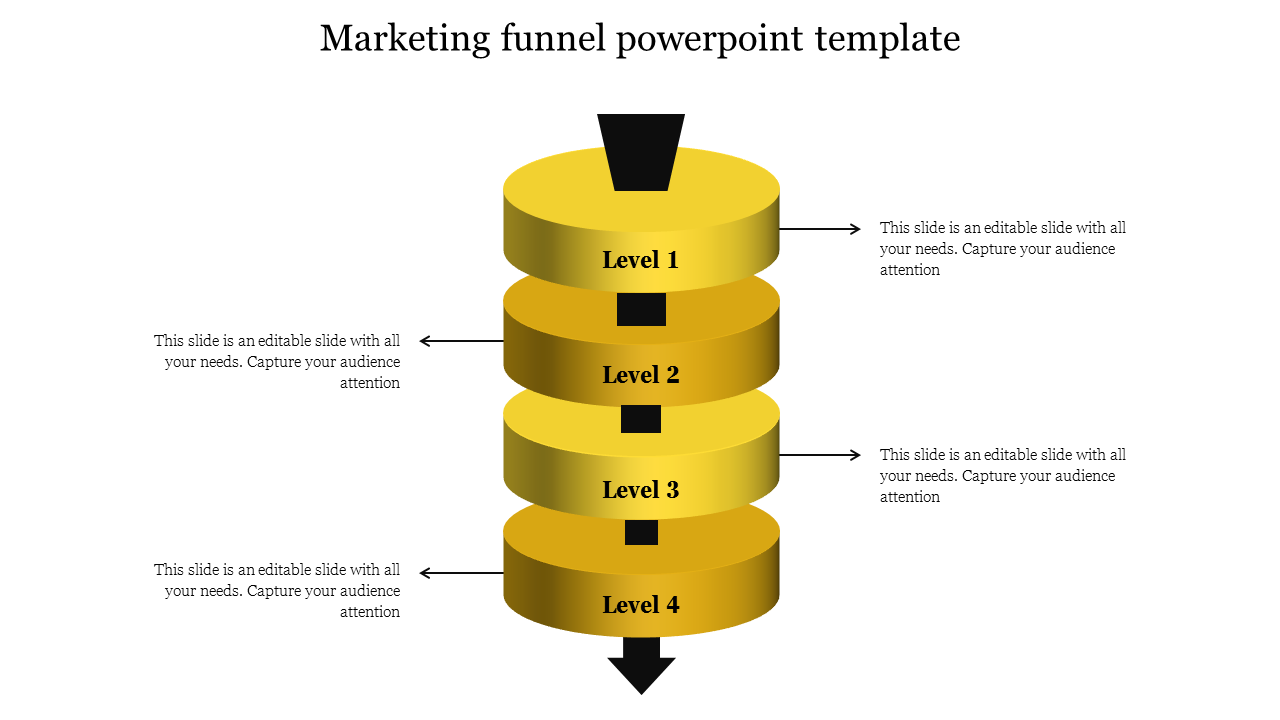 Marketing yellow funnel PPT slide with four levels, each showcasing arrows pointing in different directions with text.