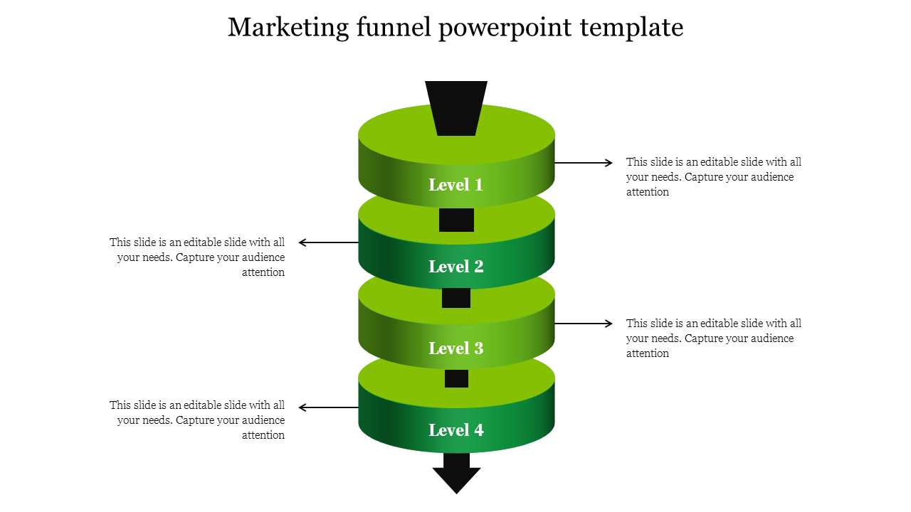 Marketing funnel template with four gradient green levels and labeled steps for process visualization.