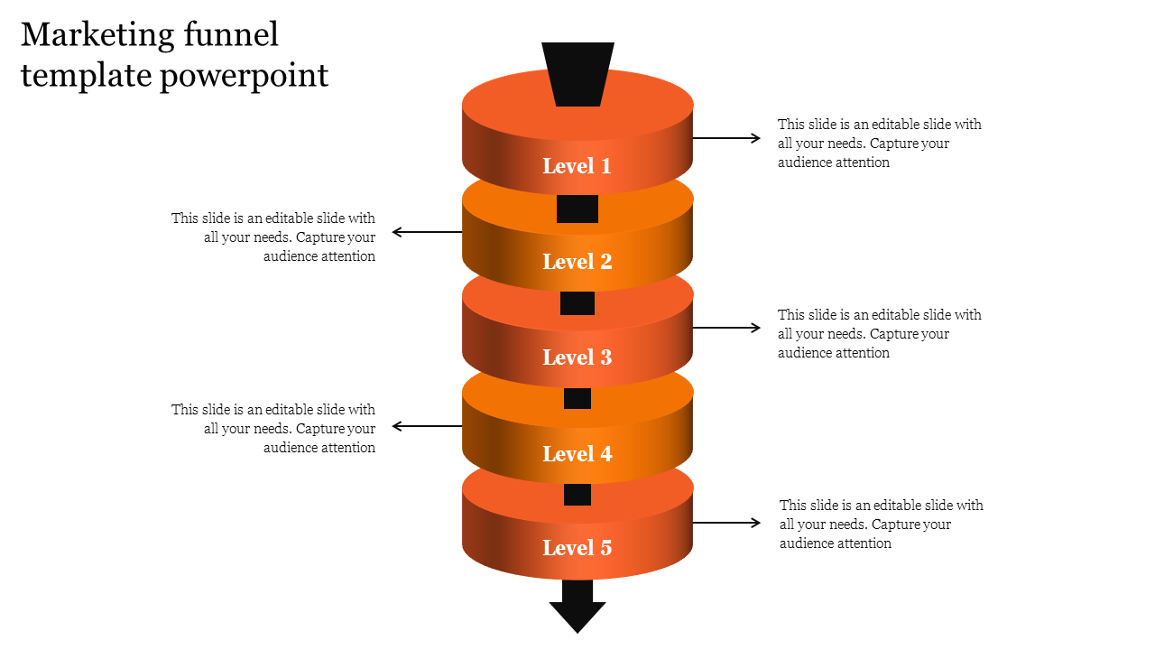 Orange marketing funnel diagram PPT slide with five levels, each labeled from 1 to 5 and surrounded by directional arrows.