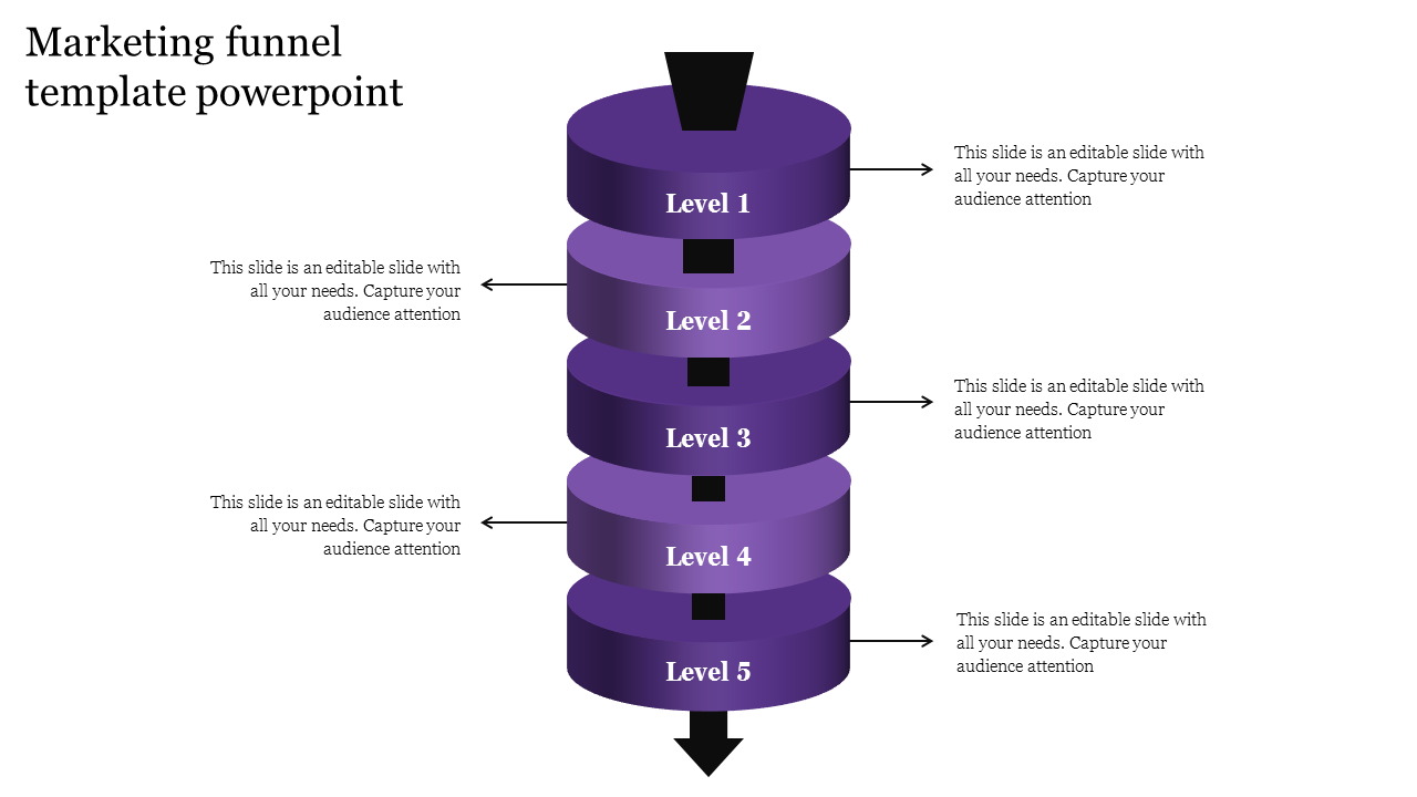 Vertically stacked purple marketing funnel infographic with five levels and directional arrows for text annotations.