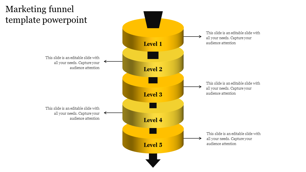 Yellow marketing funnel diagram PPT slide with five levels, each labeled from 1 to 5 and surrounded by directional arrows.