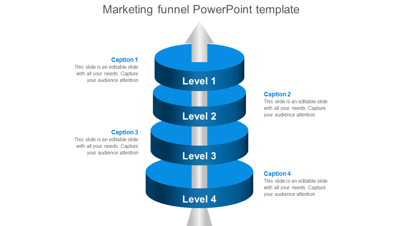 Marketing blue funnel PowerPoint template with four levels and captions for each level with placeholder text.