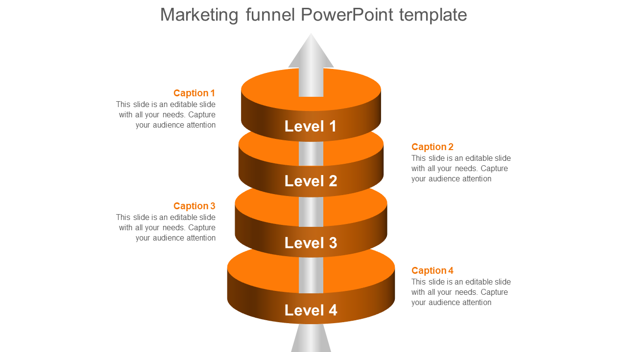 Marketing orange funnel PowerPoint template with four levels and captions for each level with placeholder text.