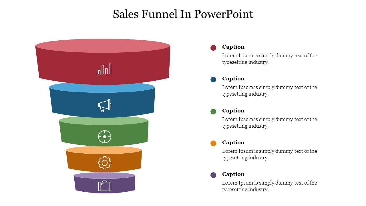 Sales funnel slide with five levels, each representing a different stage with icons and placeholder captions.