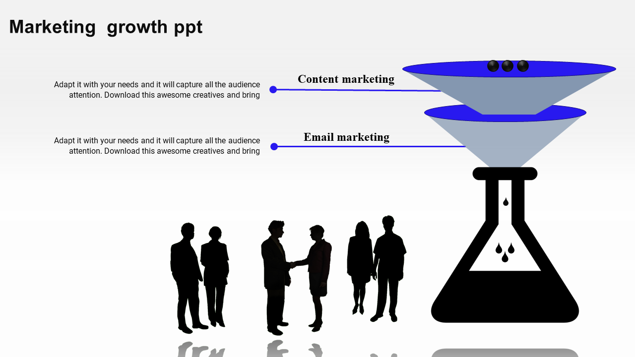 Sales funnel diagram slide showing content marketing and email marketing with silhouettes of business people.