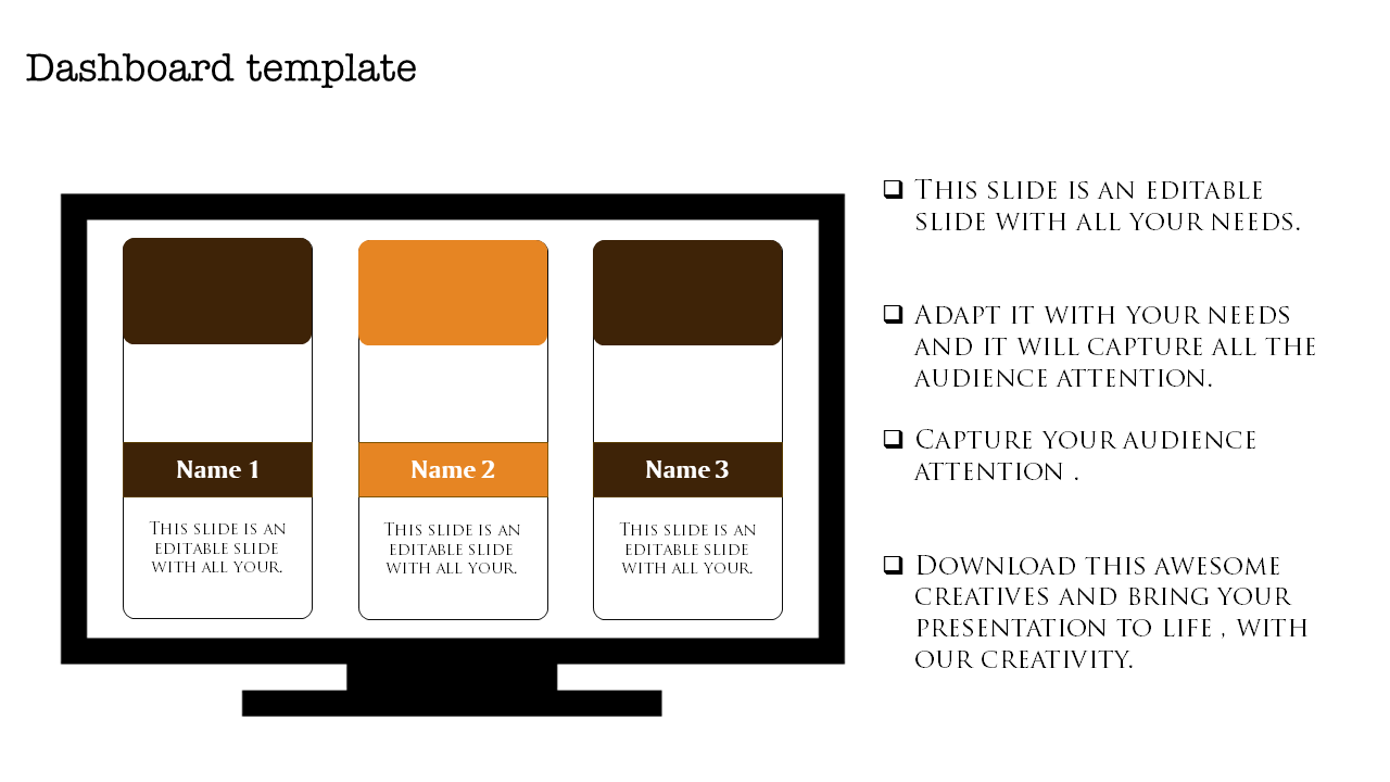 KPI dashboard template PowerPoint slide featuring three sections for data visualization.