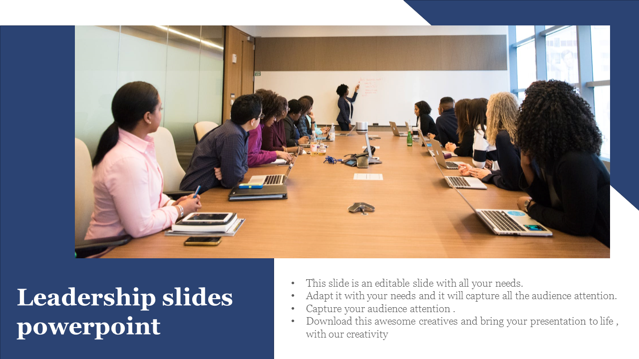 Conference room with diverse professionals engaged in a leadership discussion, featuring a presenter at a whiteboard.