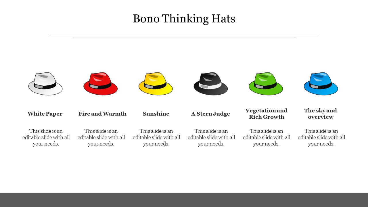 Six colored bono hats in white, red, yellow, black, gteen, and blue, arranged in a row, each with captions below.