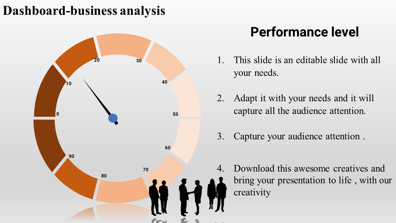 Semi circular gauge in shades of brown and peach with a pointer, alongside text and a silhouette group at the bottom.