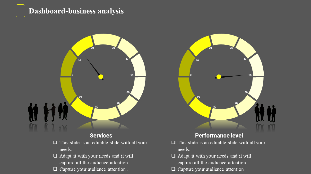 Dashboard-themed slide with semi-circle charts for business analysis, featuring metrics and reflective silhouettes at the bottom.