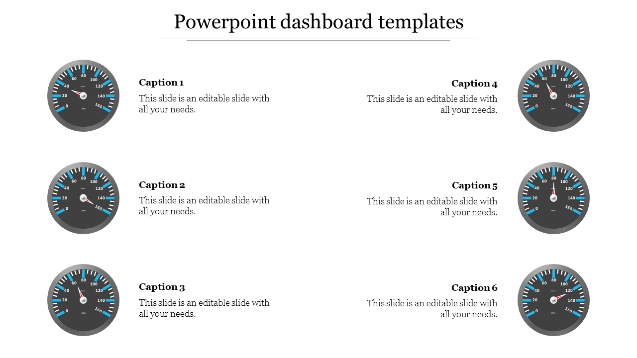 A set of six PowerPoint dashboard templates, each featuring a speedometer gauge with placeholder captions.