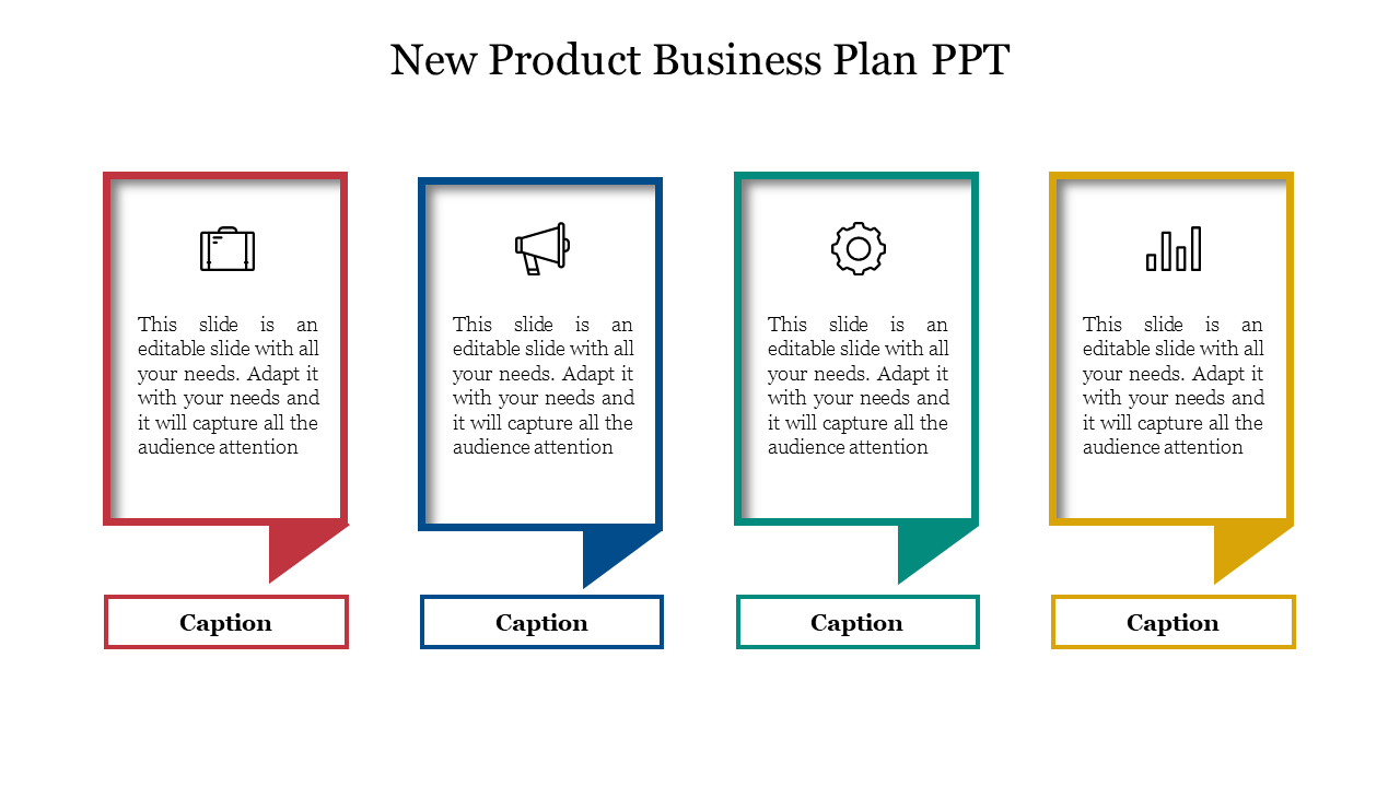 New product business plan slide featuring four vertical banners with business-related icons and captions areas.