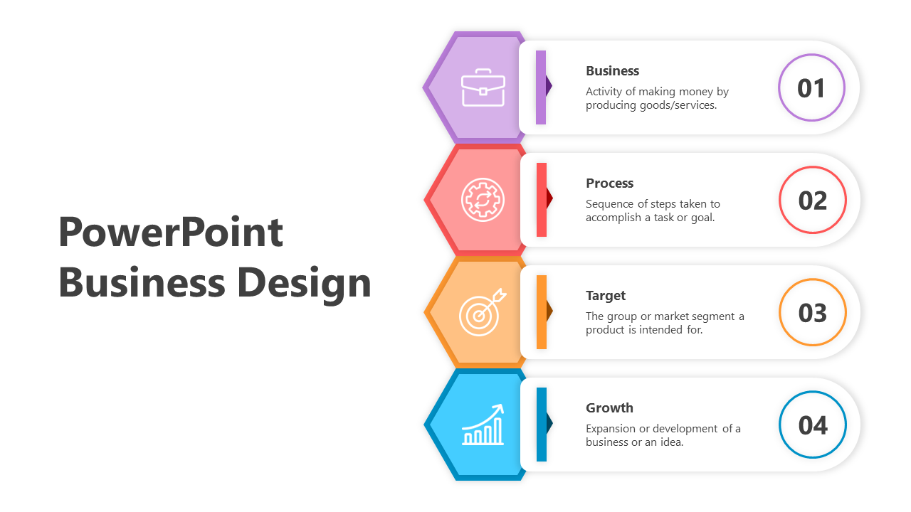 Modern business design slide with vibrant hexagonal icons and placeholder text areas on each level.