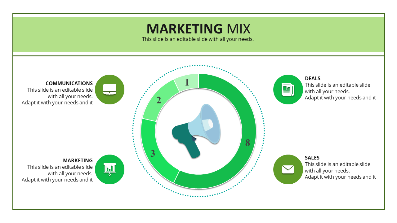 Marketing mix slide with a central green circular diagram featuring a megaphone icon and four labeled sections.