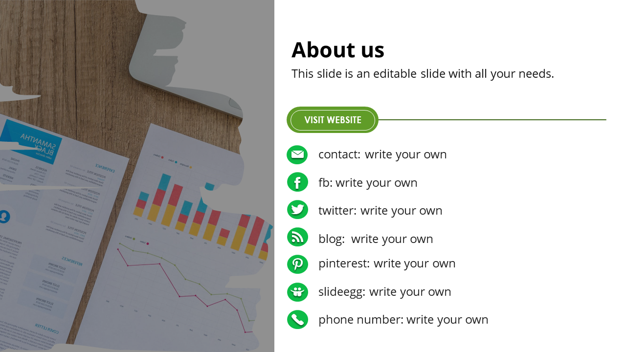 About us slide with charts on the left and contact details on the right in green icons with a website button.