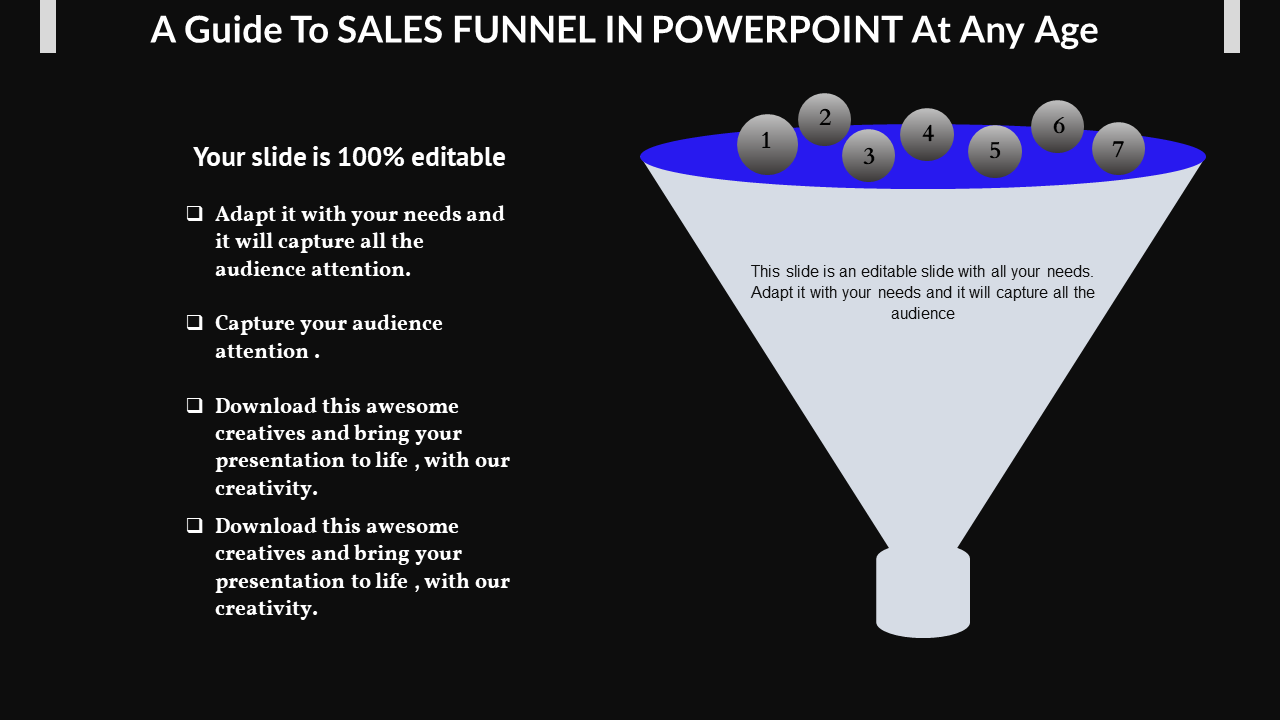 Sales funnel diagram with seven numbered gray spheres at the top and funnel text descriptions on the left.